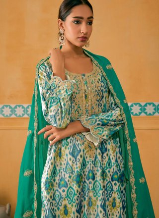 Digital Print and Embroidered Work Velvet Pakistani Salwar Suit In Blue for Ceremonial