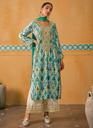 Digital Print and Embroidered Work Velvet Pakistani Salwar Suit In Blue for Ceremonial