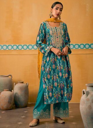 Digital Print and Embroidered Work Velvet Pakistani Salwar Suit In Multi Colour