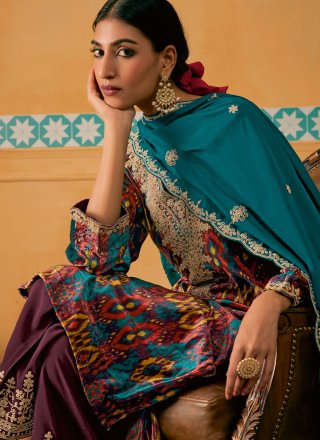 Digital Print and Embroidered Work Velvet Pakistani Salwar Suit In Multi Colour for Ceremonial