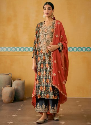 Digital Print and Embroidered Work Velvet Salwar Suit In Multi Colour