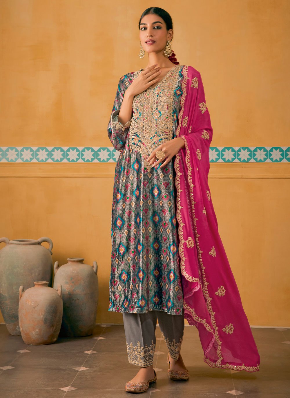 Digital Print and Embroidered Work Velvet Salwar Suit In Multi Colour for Ceremonial