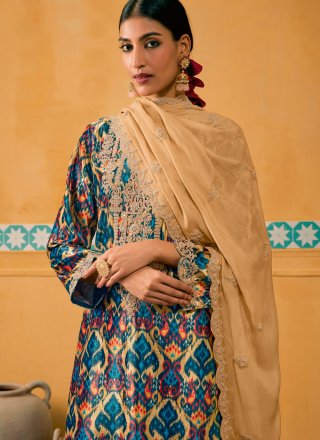 Digital Print and Embroidered Work Velvet Trendy Suit In Multi Colour for Ceremonial