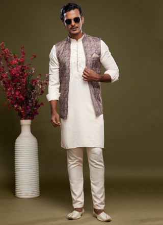 Digital Print Art Banarasi Silk Kurta Payjama With Jacket in Grey and Off White