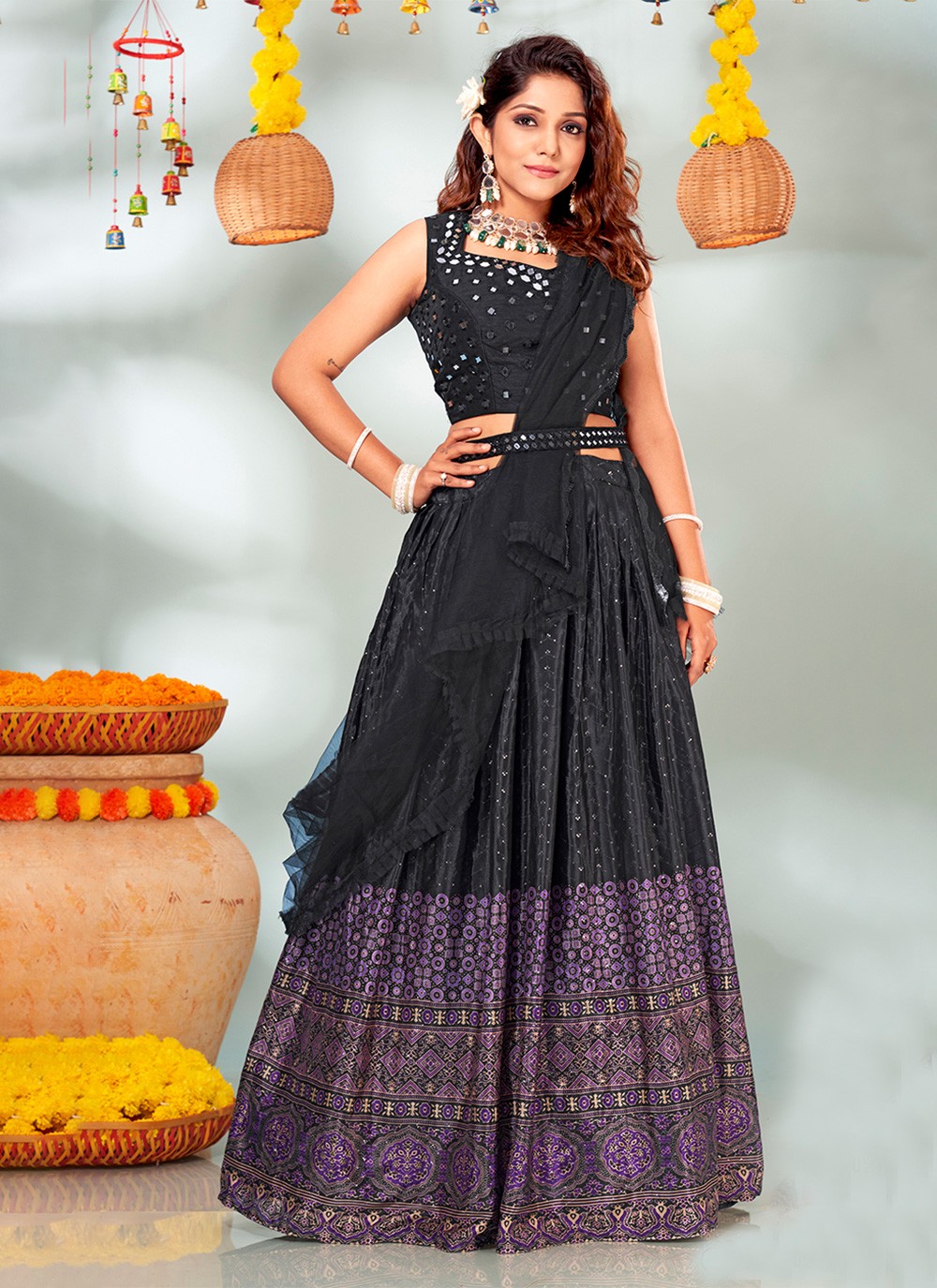 Shafnufab Women's Gorgette Lehenga Choli In Black Colour – Shafnu Fab