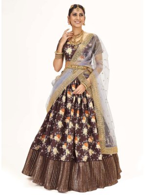 Digital Print Brown Silk Lehenga Choli