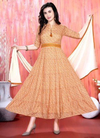 Albescent Beige Color Dola Silk Printed Readymade Party Style Gown Wit