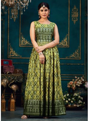 Digital Print Chinon Floor Length Gown in Green