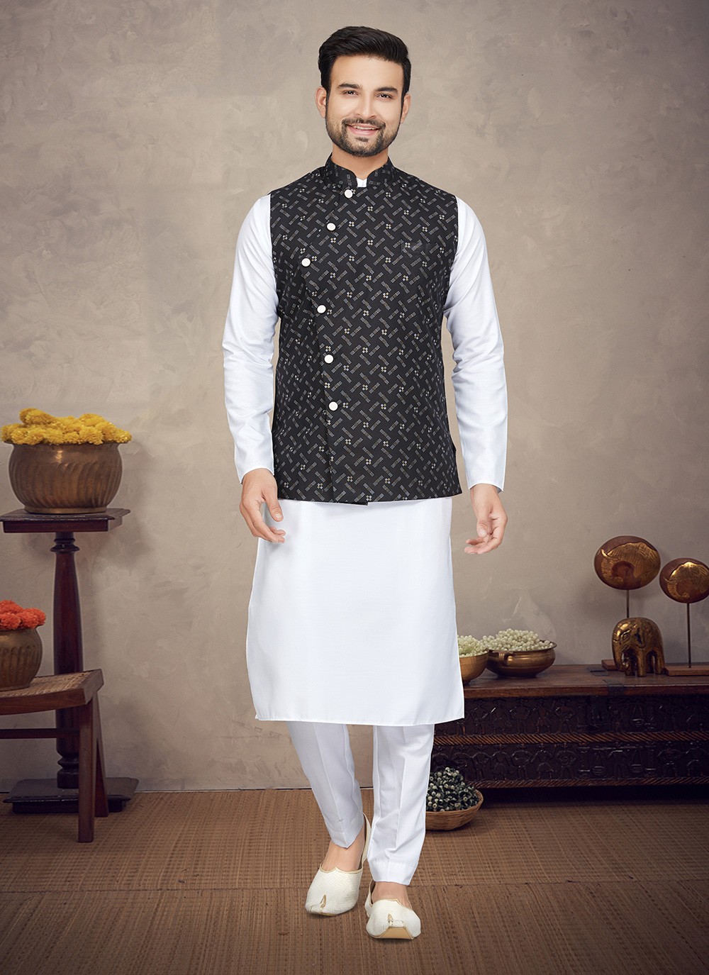 Designer Kurta White Kurta Pajama For Men With Jacket Digital Print Cotton  Kurta Payjama With Jacket In Black And White