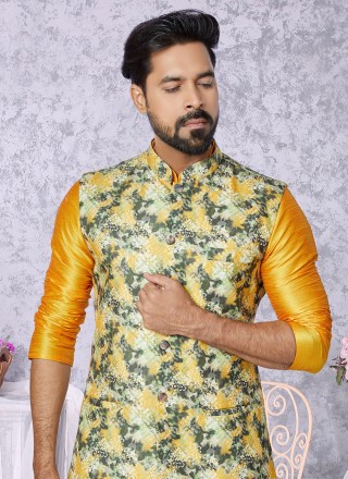 Digital Print Cotton Kurta Payjama With Jacket in Multi Colour and Mustard