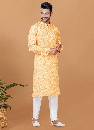 Digital Print Cotton Kurta Pyjama in Yellow