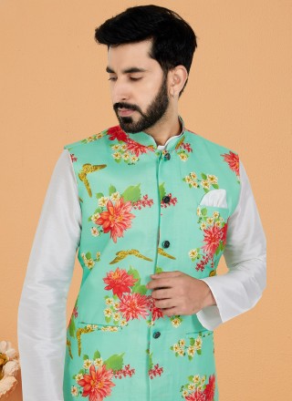 Digital Print Dupion Silk Kurta Payjama With Jacket in Green and White