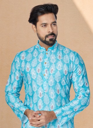 Digital Print Fancy Fabric Kurta Pyjama in Multi Colour and Turquoise