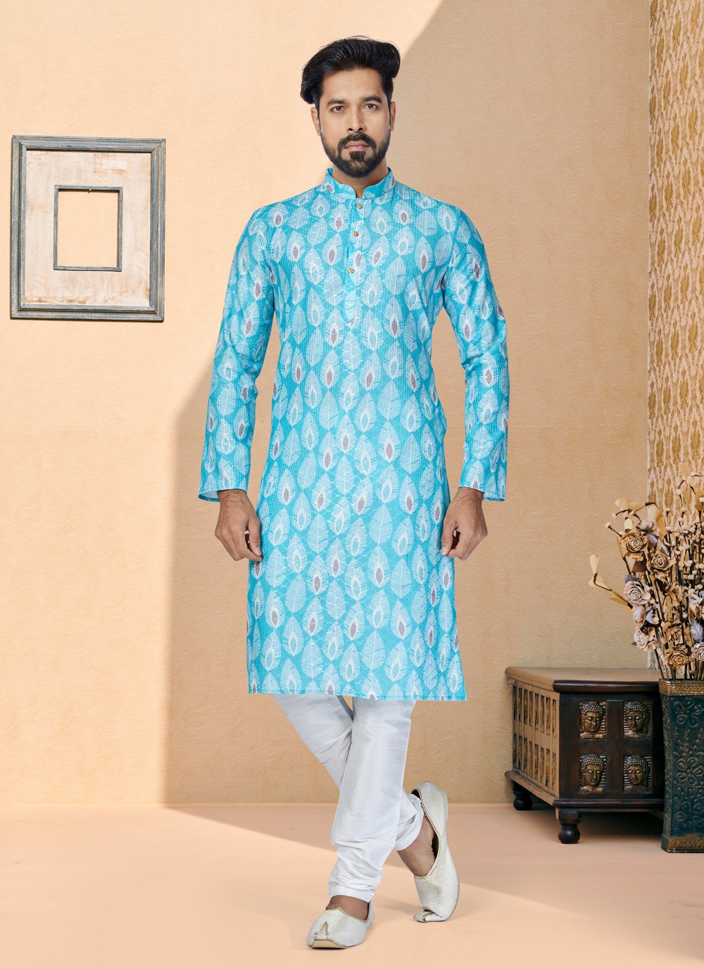 Shop Digital Print Fancy Fabric Kurta Pyjama in Multi Colour and