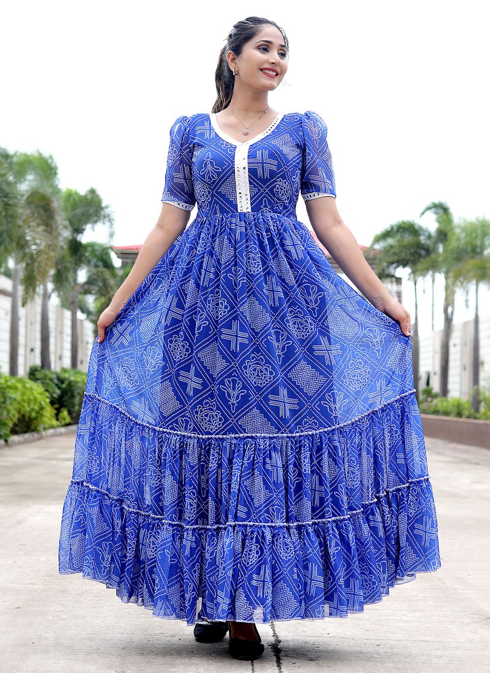 Digital Print Georgette Designer Gown in Blue