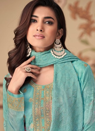 Digital Print Jacquard Silk Aqua Blue Straight Salwar Kameez