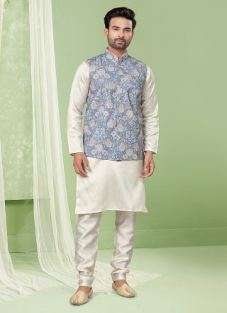 Digital Print, Sequins and Thread Work Cotton Kurta Payjama with Jacket In Blue and Off White