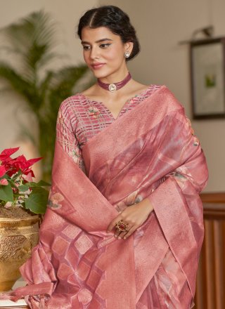 Digital Print, Weaving and Zari Work Organza Traditional Saree In Pink