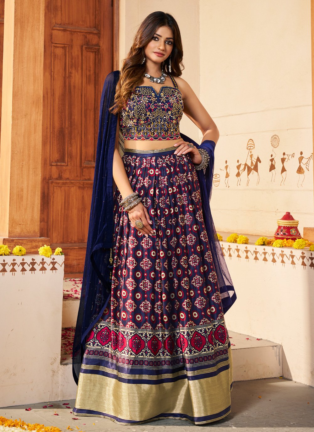 Buy Teal Silk Lehenga Choli with Print Work for Ceremonial Online : 279001  - New Arrivals