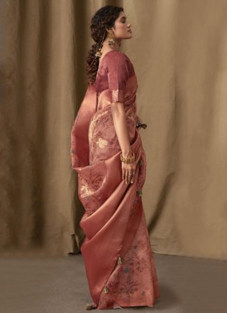 Digital Print Work Banarasi Jacquard Contemporary Sari In Pink