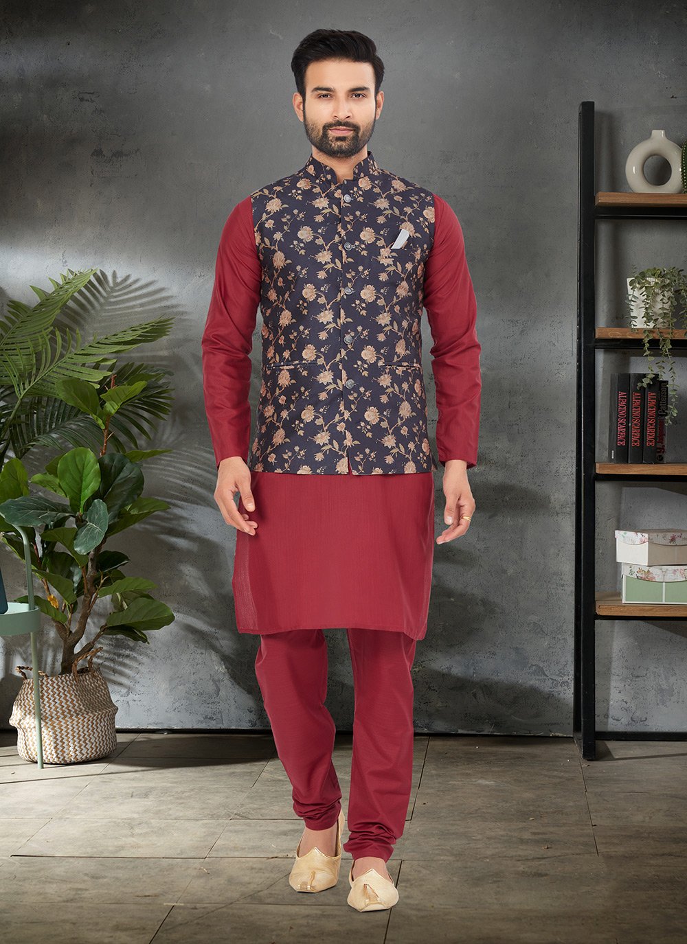 Red kurta pajama hot sale with black jacket