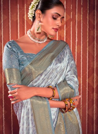 Digital Print Work Fancy Fabric Designer Saree In Grey for Ceremonial