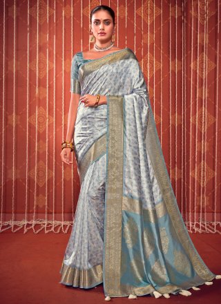 Digital Print Work Fancy Fabric Designer Saree In Grey for Ceremonial