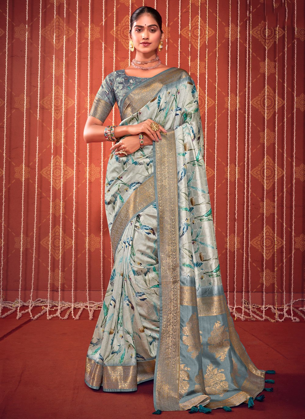 Digital Print Work Fancy Fabric Designer Sari In Multi Colour