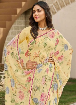 Digital Print Work Georgette Classic Saree In Yellow for Ceremonial