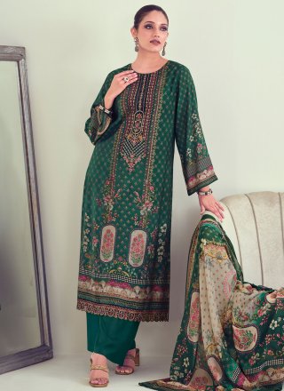 Digital Print Work Muslin Salwar Suit In Green for Ceremonial