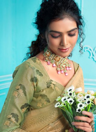 Digital Print Work Organza Contemporary Sari In Green for Ceremonial