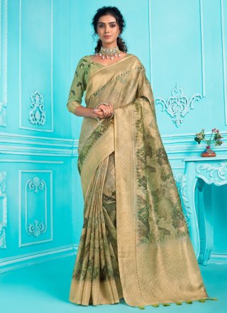 Digital Print Work Organza Contemporary Sari In Green for Ceremonial