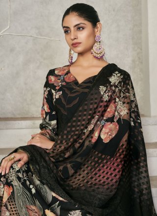 Digital Print Work Pashmina Salwar Suit In Black for Casual