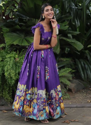 Digital Print Work Silk  Designer Gown In Purple for Festival