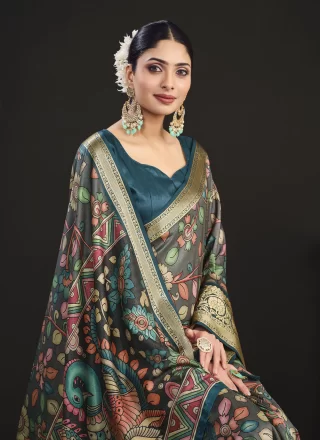 Multi Colour Tussar Silk Classic Sari with Digital Print Work