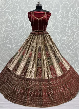 Dilettante Beige Velvet Lehenga Choli with Dori, Embroidered, Sequins and Thread Work