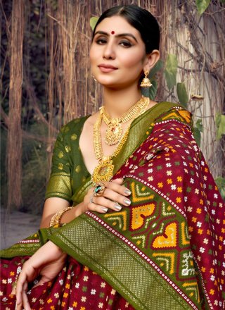 Distinguishable Maroon Tussar Silk Trendy Saree with Foil Print Work