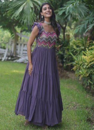 Divine Purple Faux Georgette Designer Gown with Embroidered Work