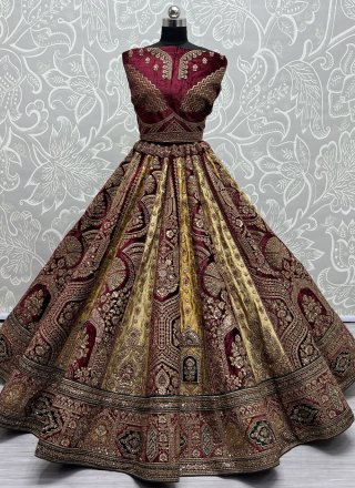 Dori, Embroidered, Patch Border, Sequins, Thread and Zari Work Banarasi Silk Lehenga Choli In Maroon