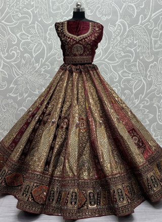 Dori, Embroidered, Patch Border, Sequins, Thread and Zari Work Silk Lehenga Choli In Beige and Maroon for Bridal