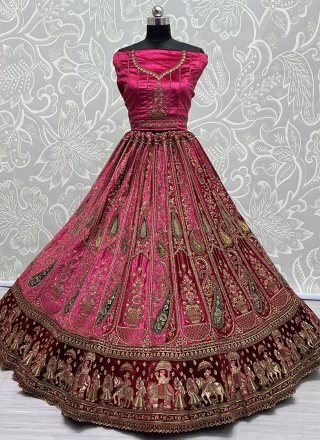 Dori, Embroidered, Sequins and Thread Work Velvet Lehenga Choli In Rani