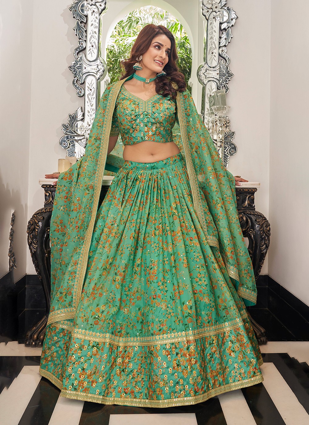 satin silk Embroidery and Net Lehenga in Green |lovelyweddingmall.com|