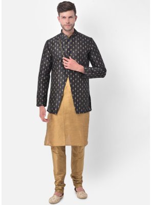 Dupion Silk Beige and Black Kurta Payjama With Jacket