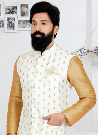 Dupion Silk Beige and White Fancy Kurta Payjama With Jacket