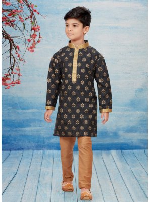 Dupion Silk Black Printed Kurta Pyjama