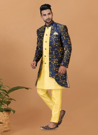 Dupion Silk Blue and Yellow Indo Western Sherwani