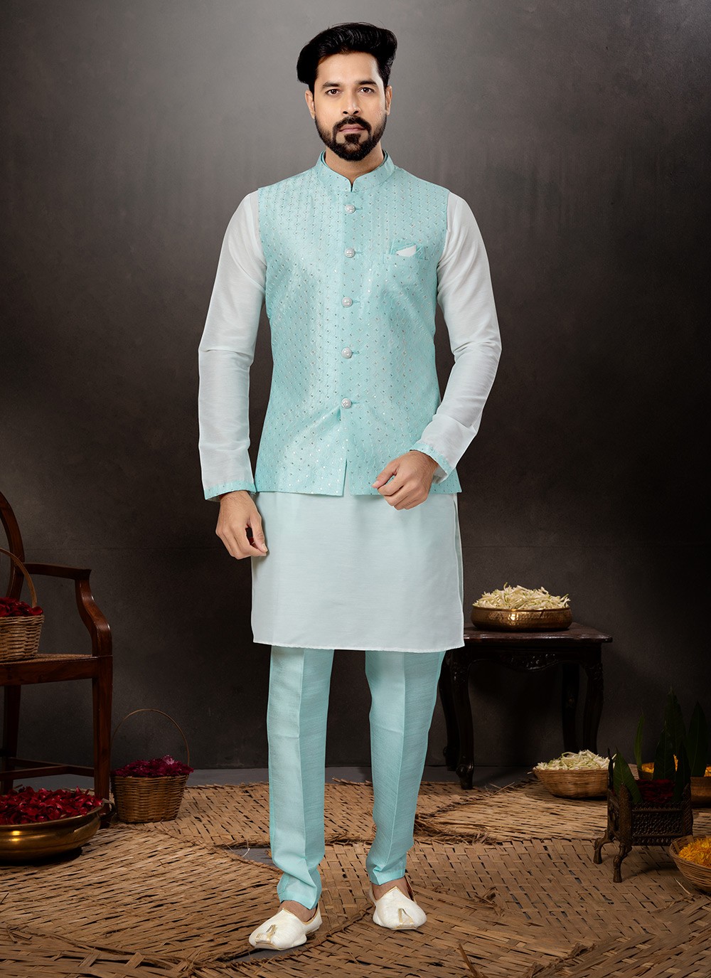 Buy Dupion Silk Embroidered Firozi and Off White Kurta Payjama