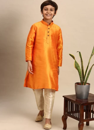 Dupion Silk Embroidered Orange Kurta Pyjama
