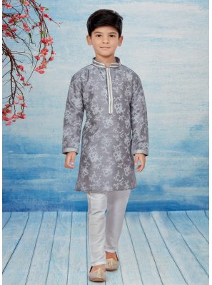 Dupion Silk Grey Thread Work Kurta Pyjama