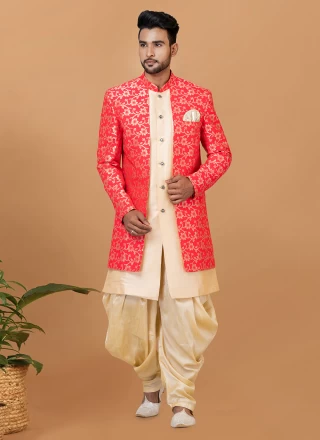 Dupion Silk Jacquard Work Indo Western Sherwani in Cream and Red